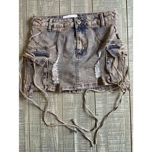 Immodel Denim Distressed Cargo Pocket Jean Skirt Women's Size Small Chico Tassle